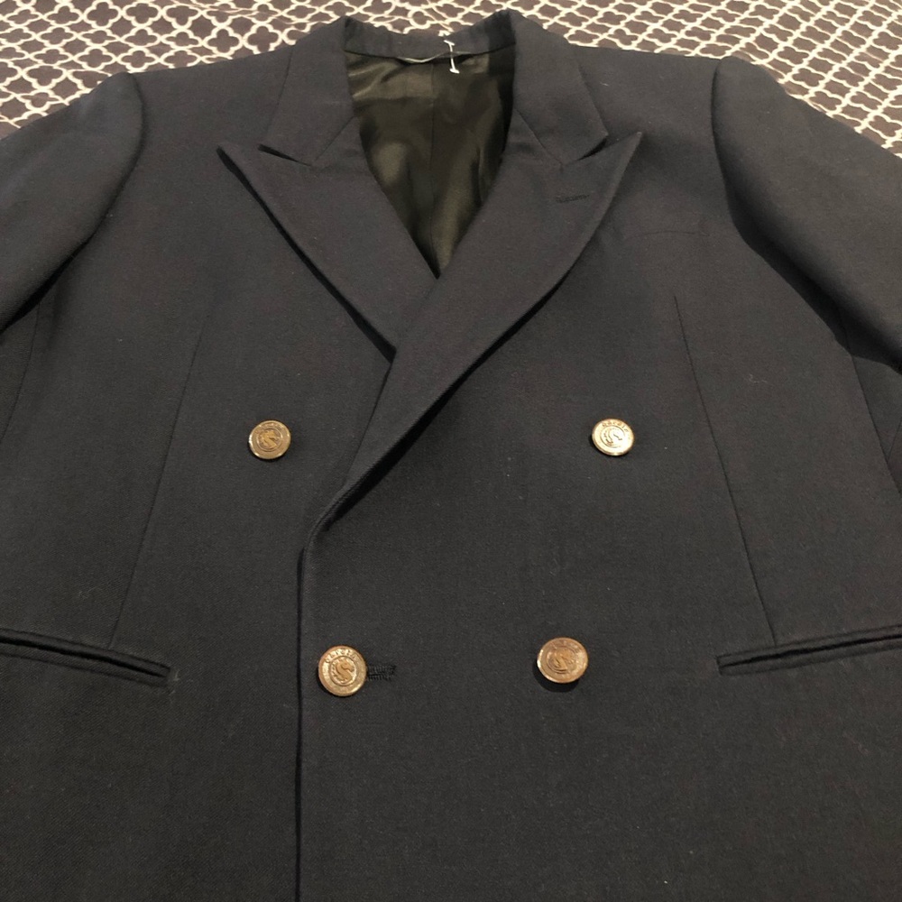 VTG Pierre Cardin Wool Double Breasted Navy Blue Sz 40R Gold Horse Buttons De16